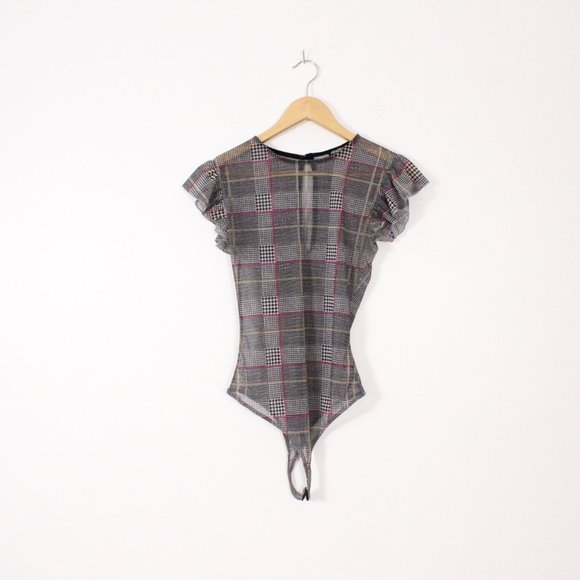 *Fashion Nova Plaid Ruffle Short Sleeve Sheer Bodysuit - Picture 4 of 8